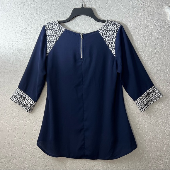THML Navy White High Low Boho Bohemian Ethnic Blouse Casual long sleeve Tops - Picture 2 of 8
